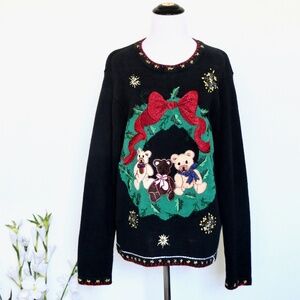 Vintage Victoria Jones Embroidered Christmas Sweater Bears Beaded Black SZ M